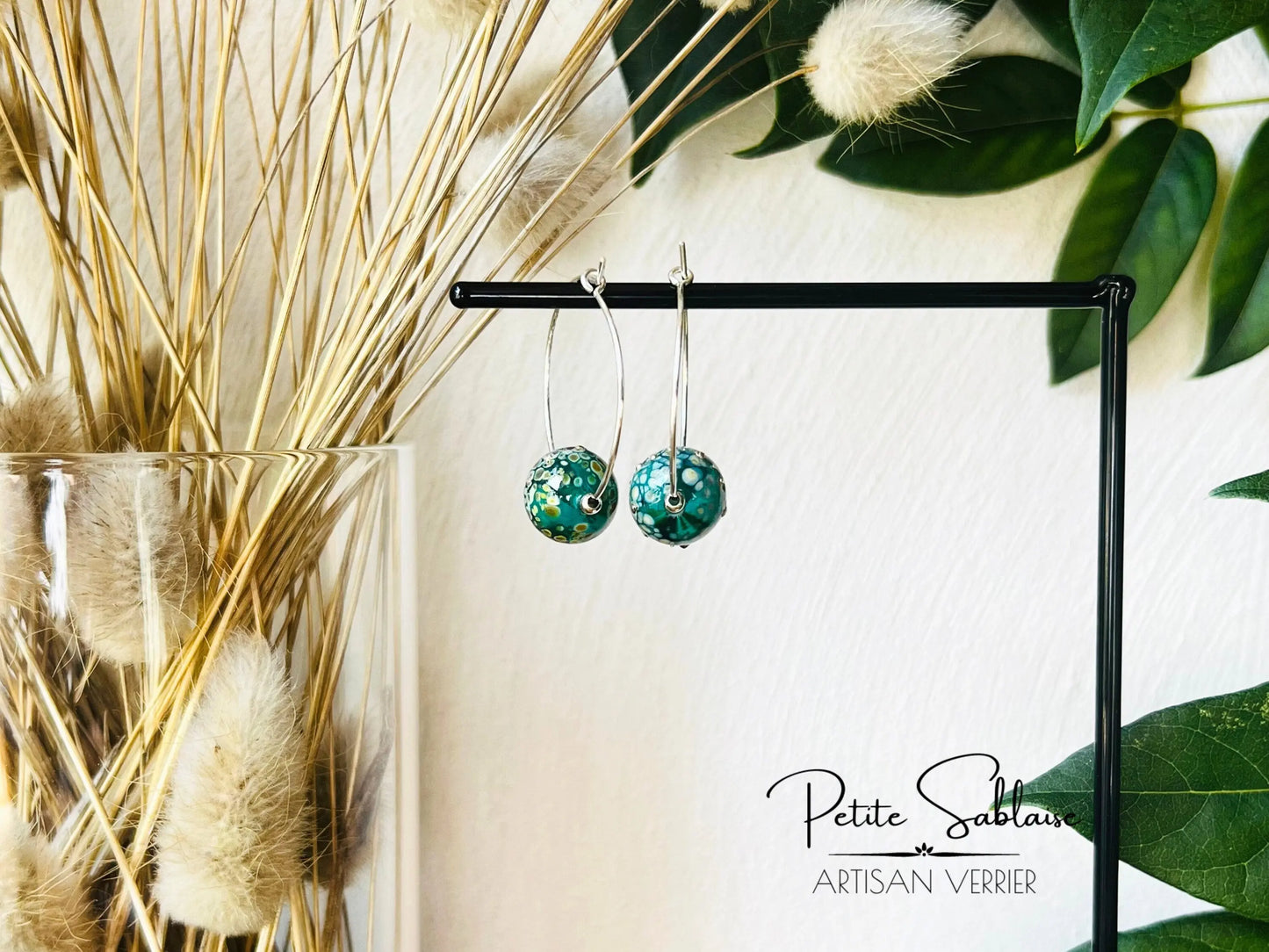 Boucles d'oreilles Créoles Fantaisies "Emeraude" en Argent - Petite Sablaise