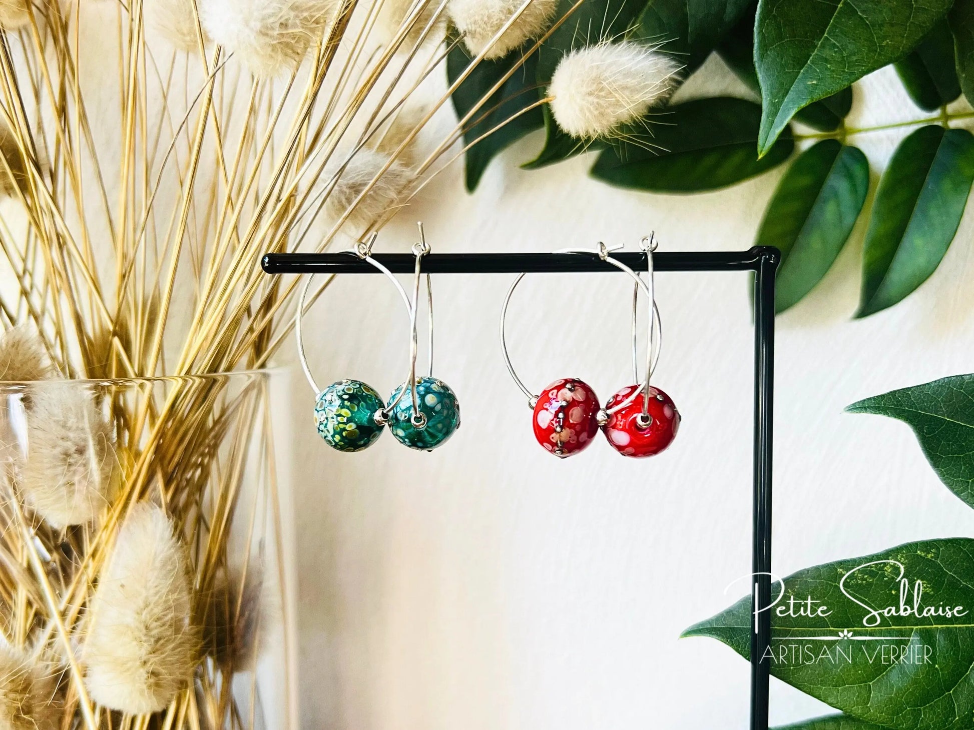 Boucles d'oreilles Créoles Fantaisies "Emeraude" en Argent - Petite Sablaise