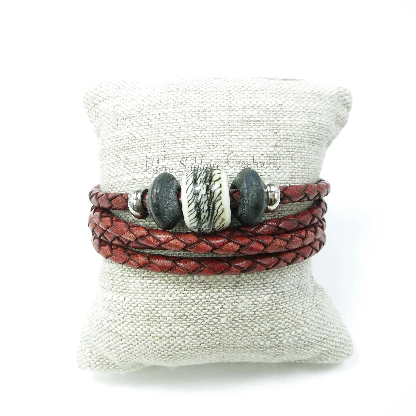 Bracelet Artisanal Unisexe en cuir tressé Bordeaux - Petite Sablaise