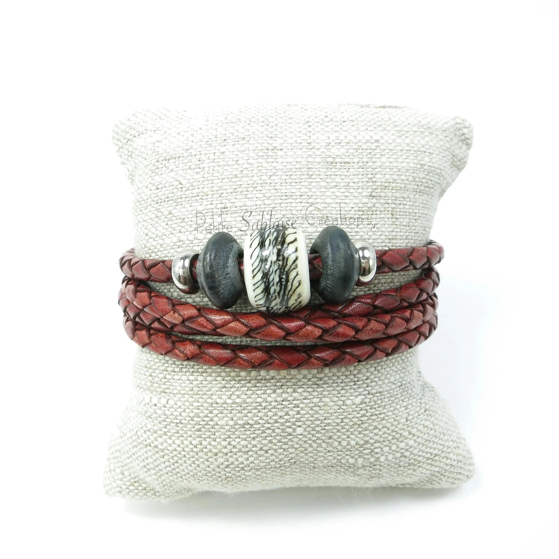 Bracelet Artisanal Unisexe en cuir tressé Bordeaux - Petite Sablaise