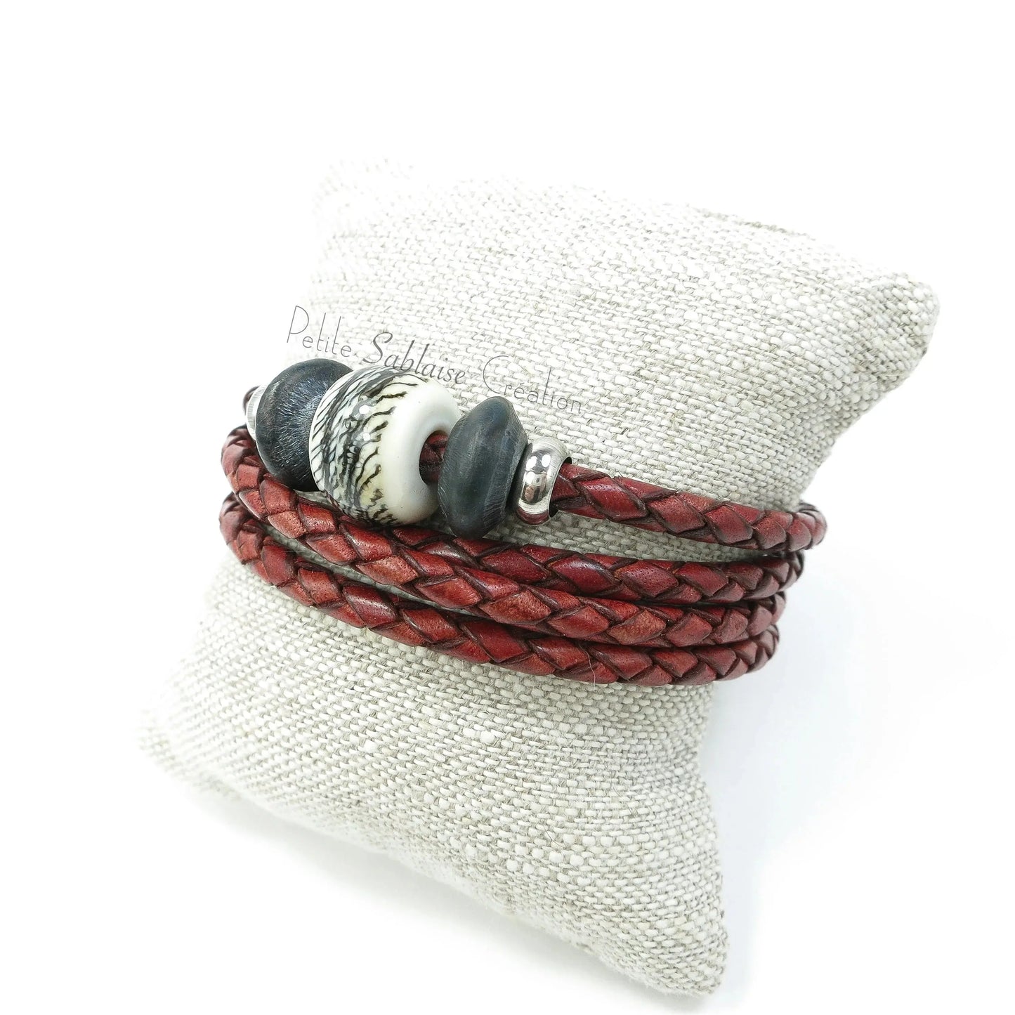 Bracelet Artisanal Unisexe en cuir tressé Bordeaux - Petite Sablaise