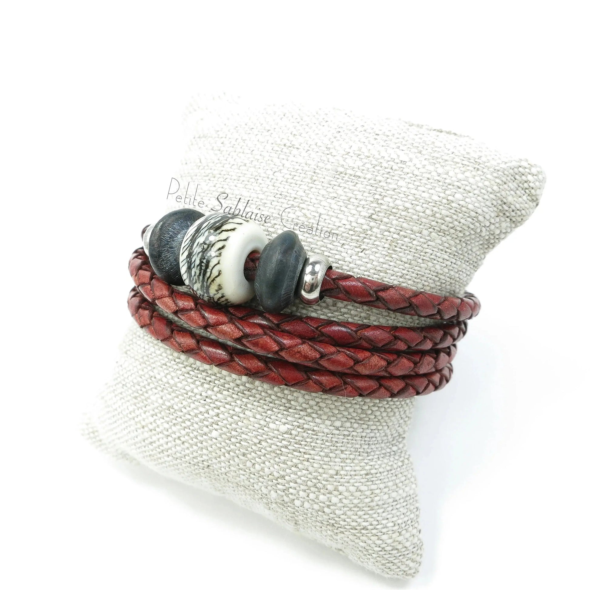 Bracelet Artisanal Unisexe en cuir tressé Bordeaux - Petite Sablaise