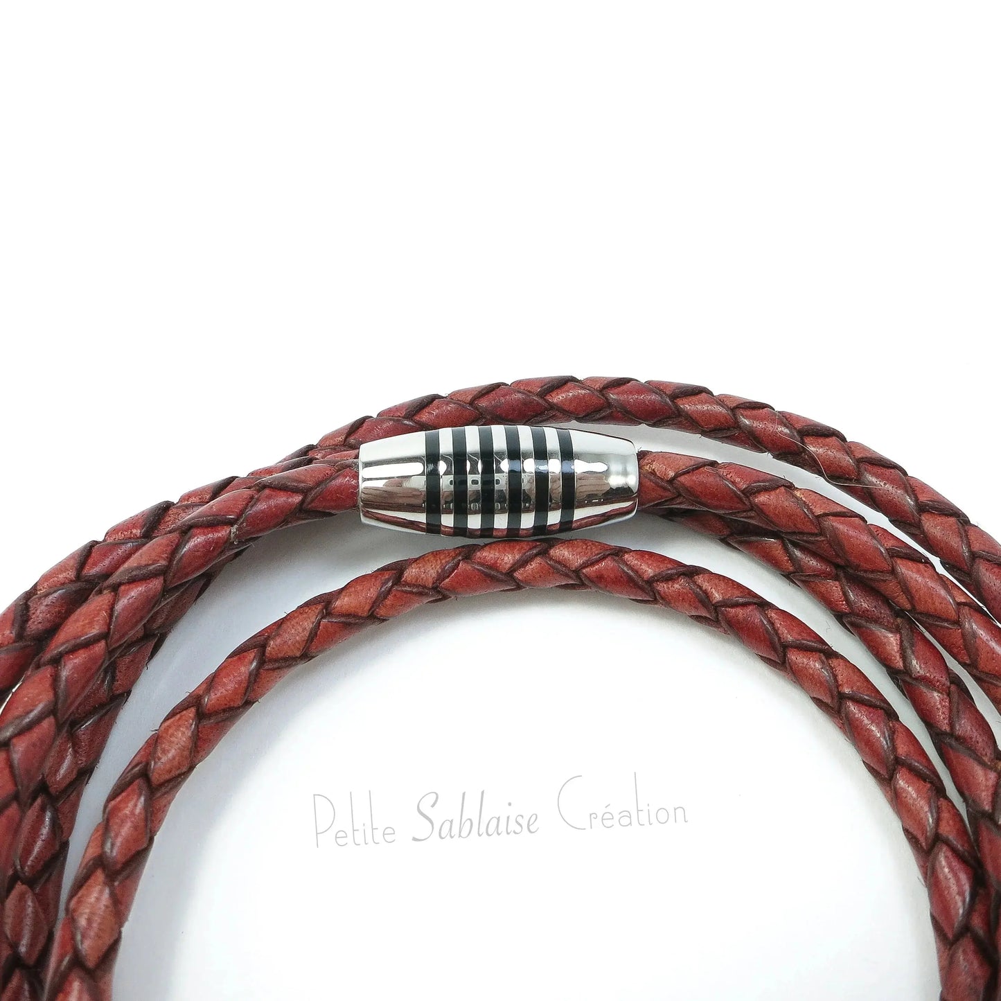 Bracelet Artisanal Unisexe en cuir tressé Bordeaux - Petite Sablaise