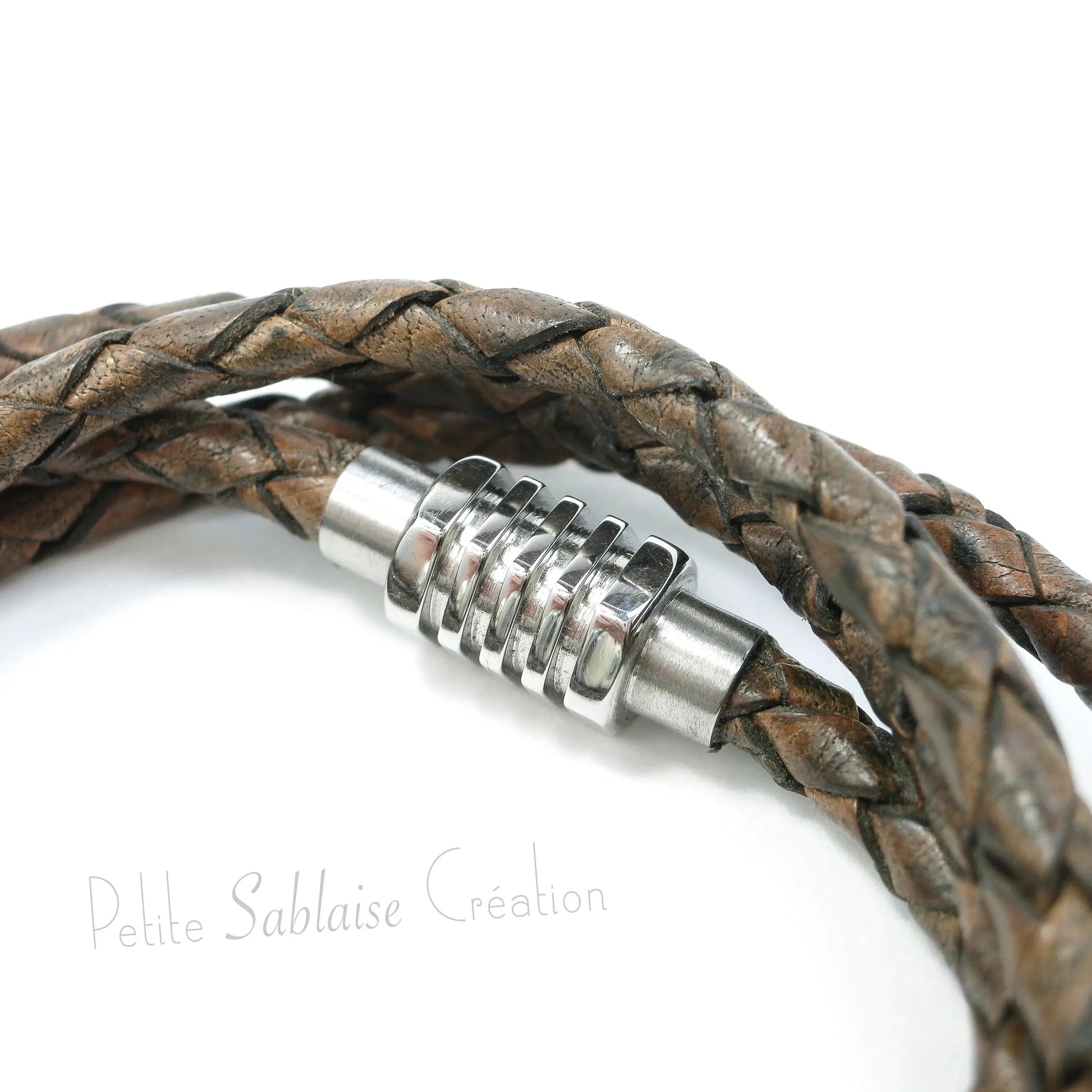 Bracelet Unisexe en cuir tressé brun Artisanal - Petite Sablaise