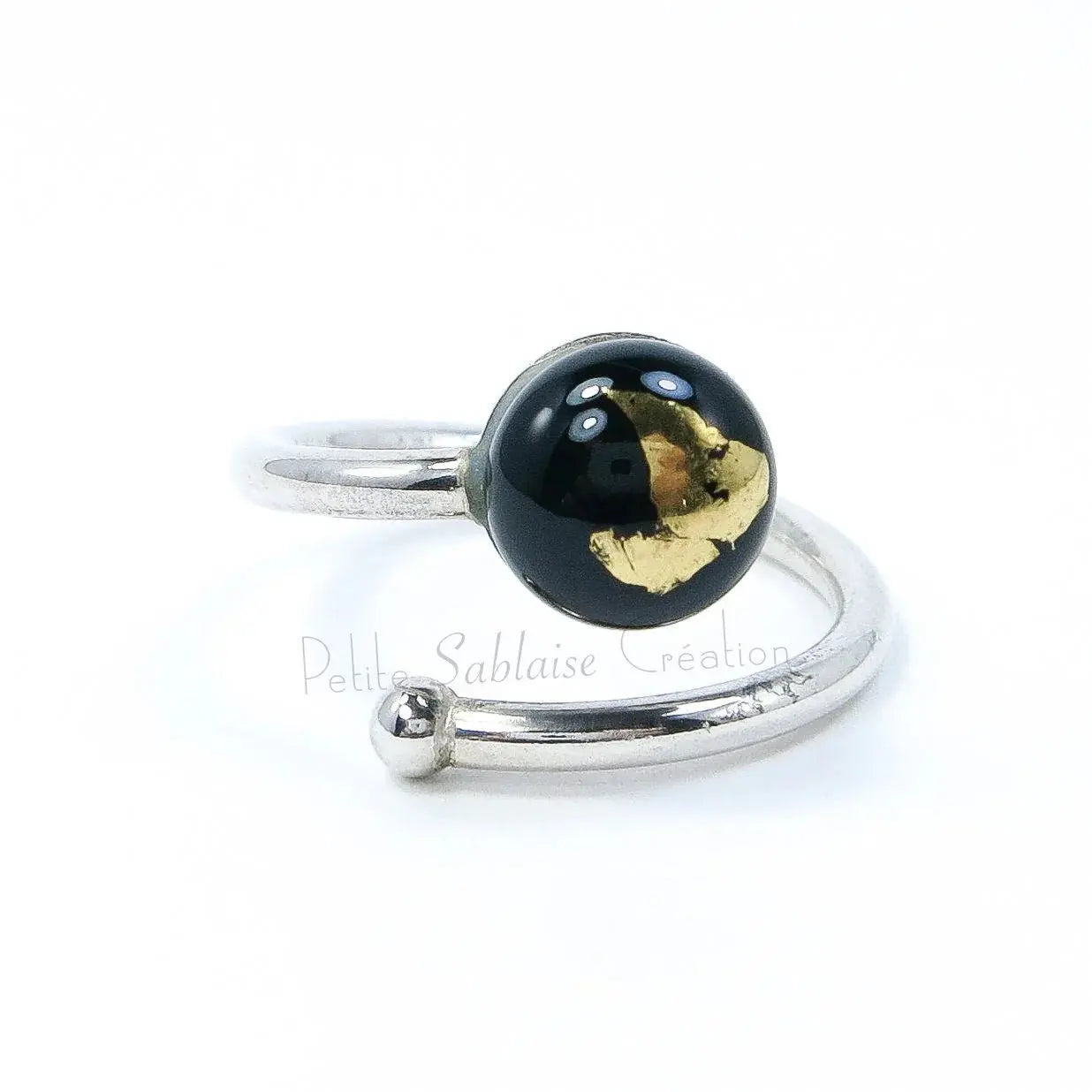 Bague Cabochon Noir en Argent et en Verre de Murano - Petite Sablaise