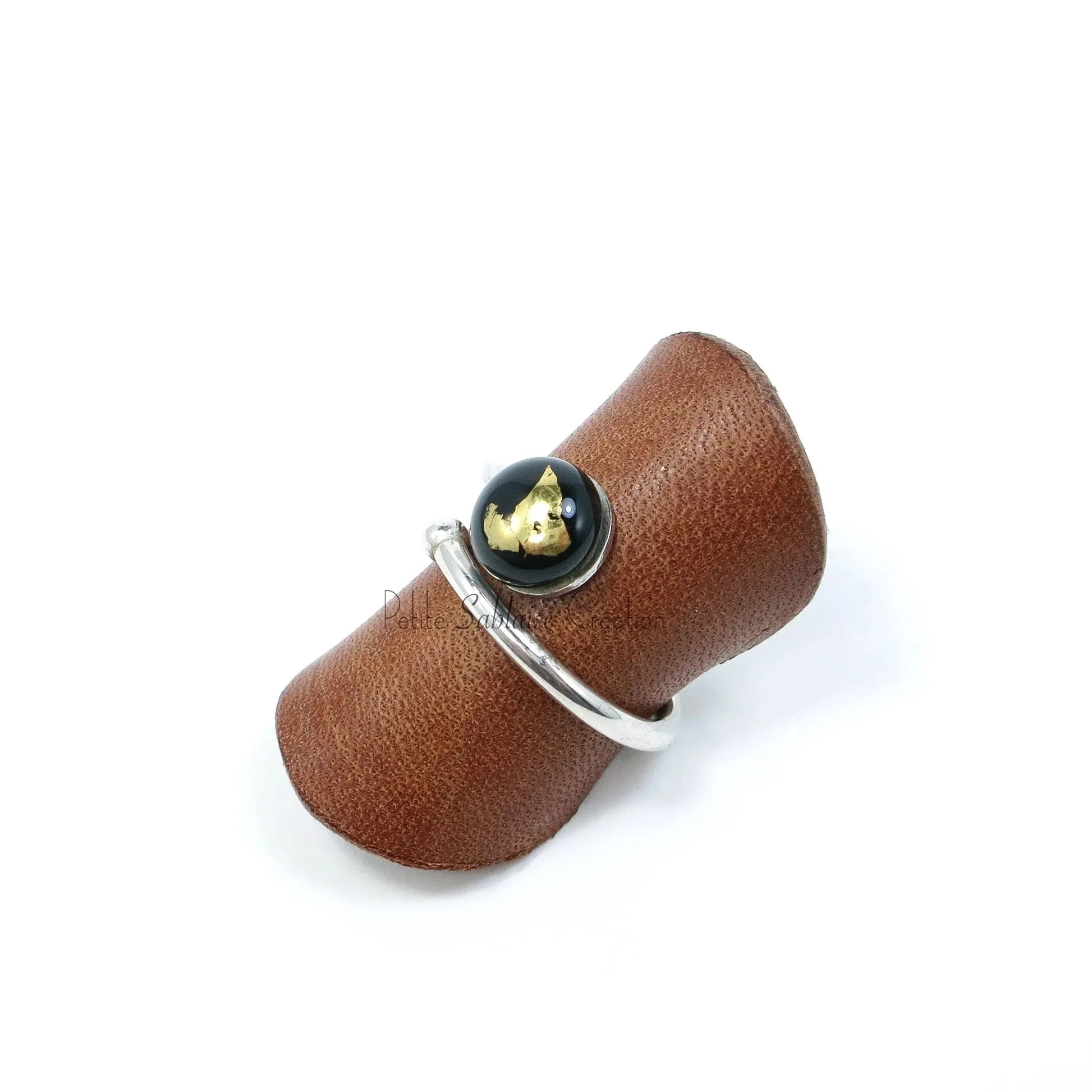 Bague Cabochon Noir en Argent et en Verre de Murano - Petite Sablaise