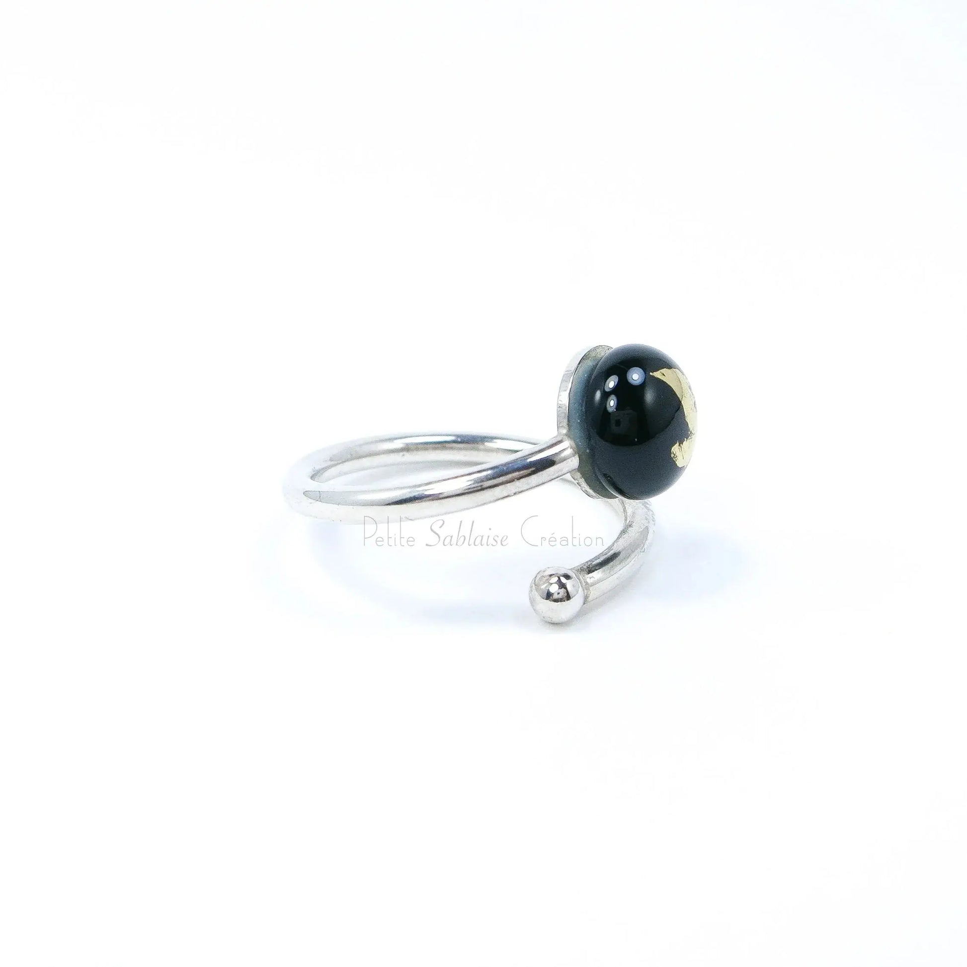 Bague Cabochon Noir en Argent et en Verre de Murano - Petite Sablaise