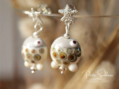 Boucles d'Oreilles Fantaisies Etoile de Mer et Petits Poissons ivoires - Petite Sablaise