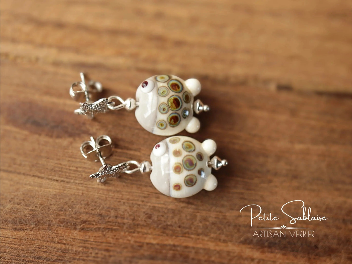 Boucles d'Oreilles Fantaisies Etoile de Mer et Petits Poissons ivoires - Petite Sablaise