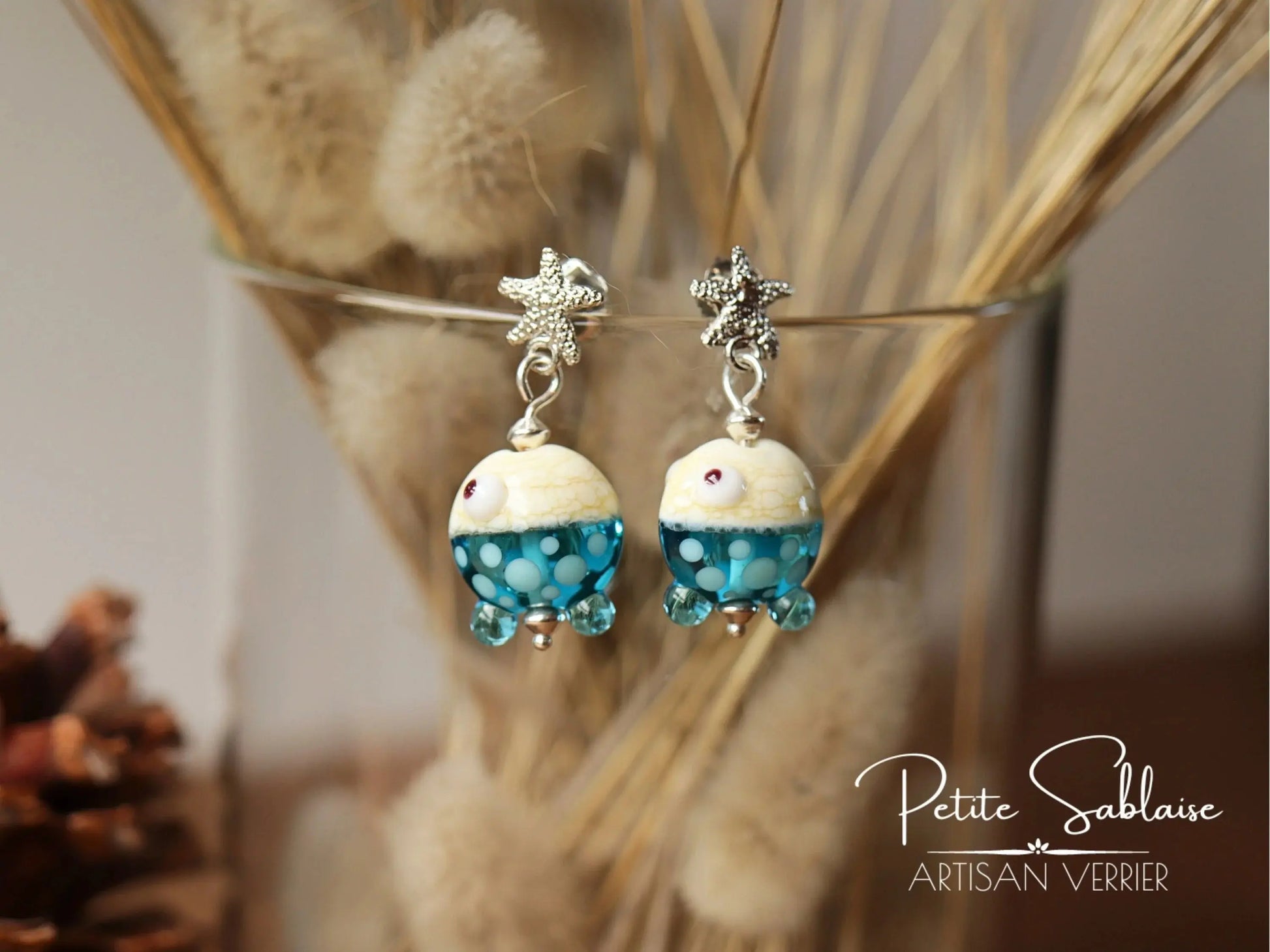 Boucles d'Oreilles Fantaisies Etoile de Mer et Petits Poissons turquoise - Petite Sablaise