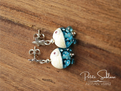 Boucles d'Oreilles Fantaisies Etoile de Mer et Petits Poissons turquoise - Petite Sablaise