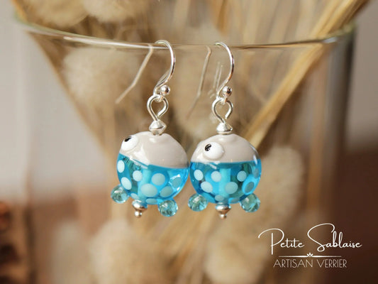 Boucles d'Oreilles Fantaisies Petits Poissons turquoises en Argent - Petite Sablaise