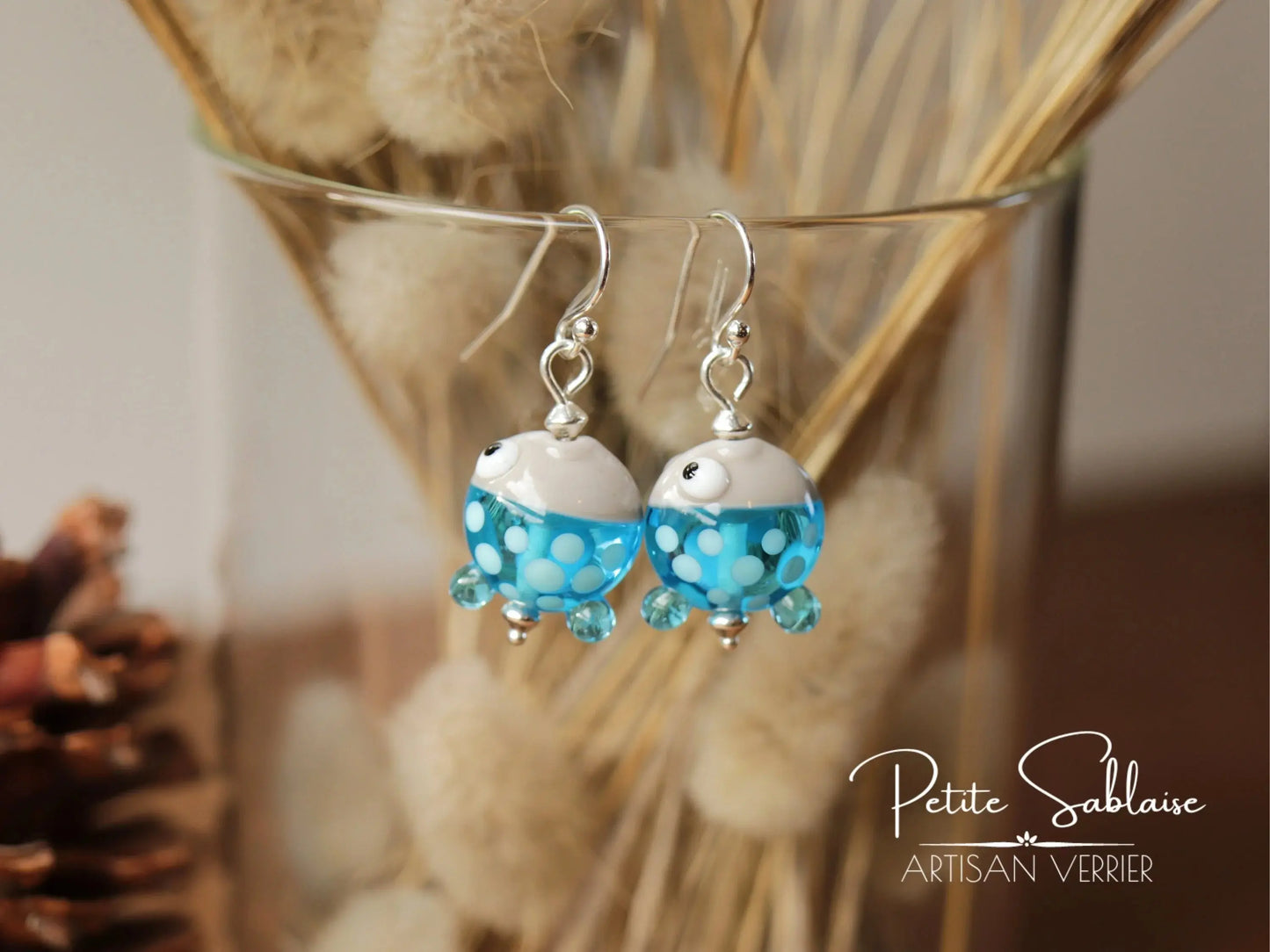 Boucles d'Oreilles Fantaisies Petits Poissons turquoises en Argent - Petite Sablaise