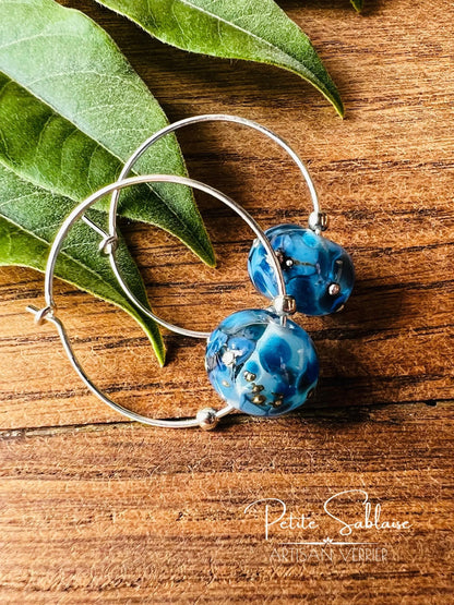 Boucles d'oreilles Créoles Artisanales Bleues - Petite Sablaise