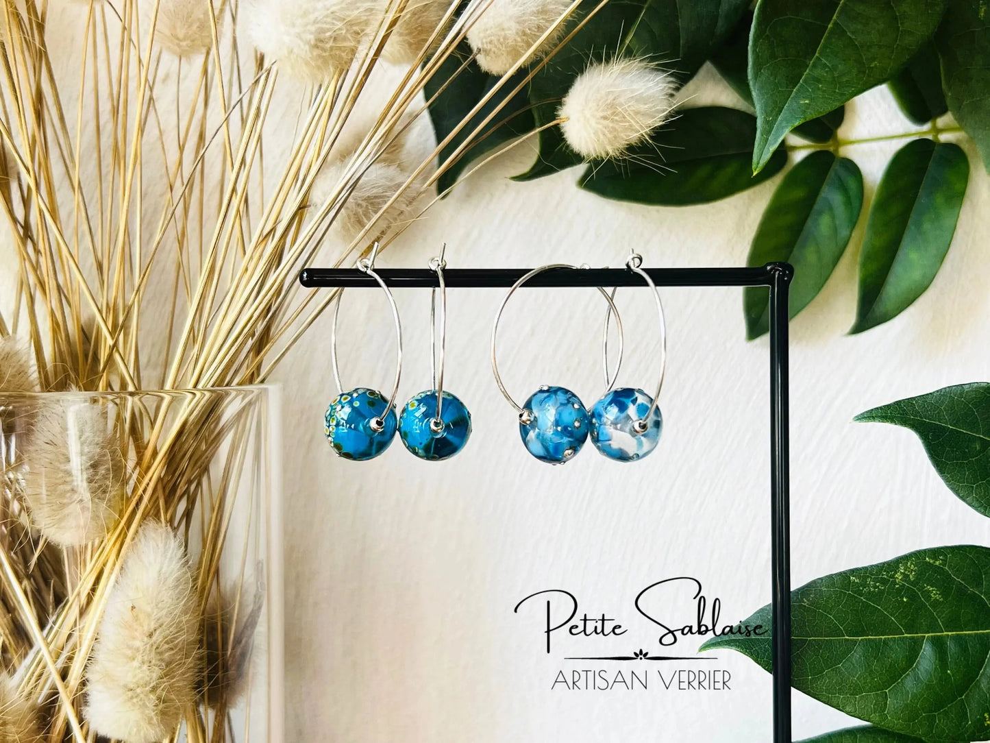 Boucles d'oreilles Créoles Artisanales Bleues - Petite Sablaise