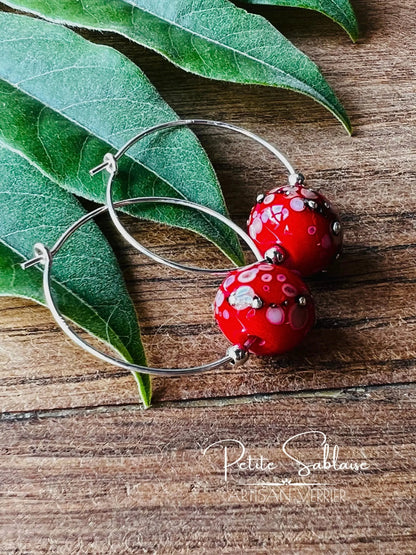 Boucles d'oreilles Créoles Artisanales Rouges - Petite Sablaise