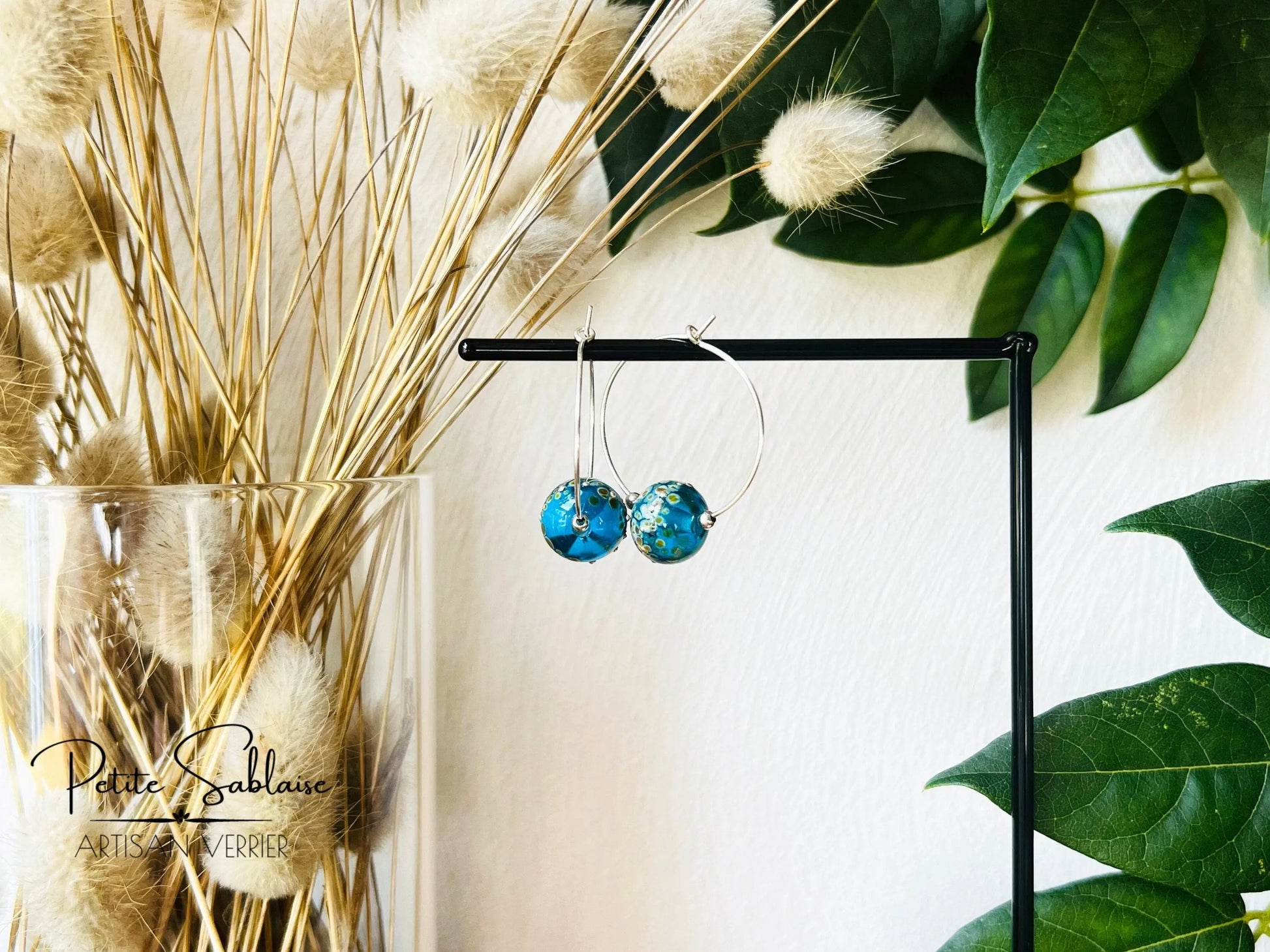 Boucles d'oreilles Créoles Artisanales Turquoises - Petite Sablaise