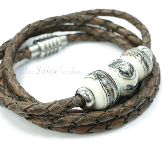 Bracelet Unisexe en cuir tressé brun Artisanal - Petite Sablaise