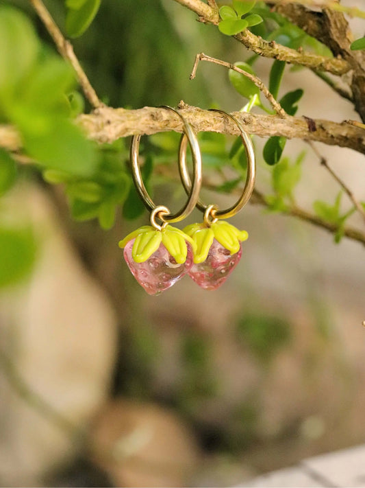 Créoles Fraise rose en Argent Massif plaqué Or 🍓 Petite Sablaise